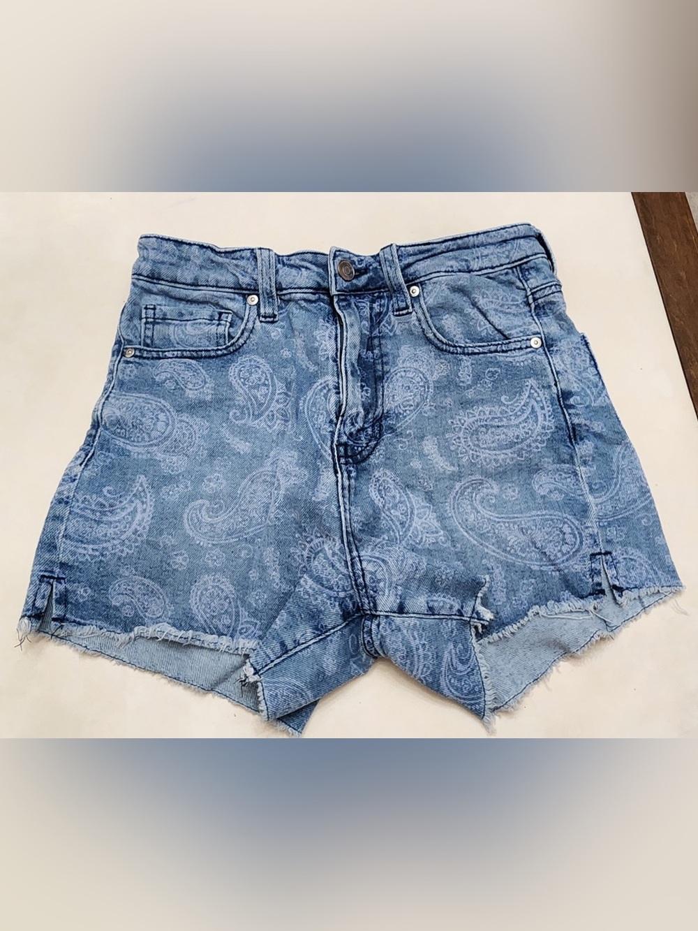 Celebrity Pink Blue Paisley Denim Cutoff Shorts